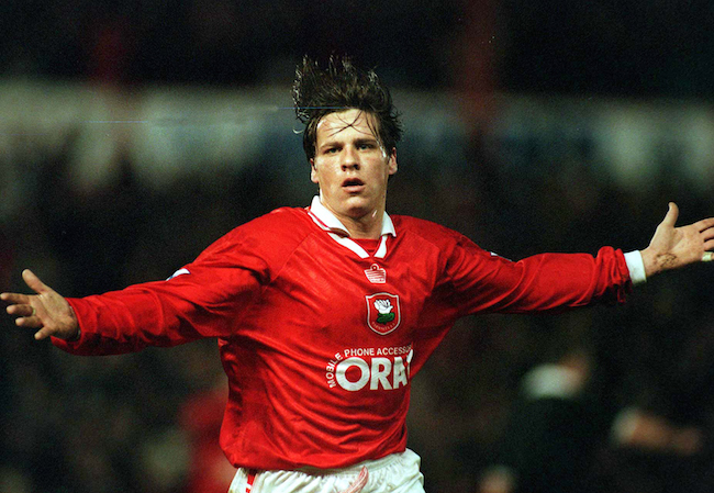 Barnsley v Tottenham 4/2/98 FA Cup 4th Round Replay Pic : Chris Barry / Action Images Barnsley's Darren Barnard celebrates scoring the third goal in a 3-1 win Tottenham Hotspur
